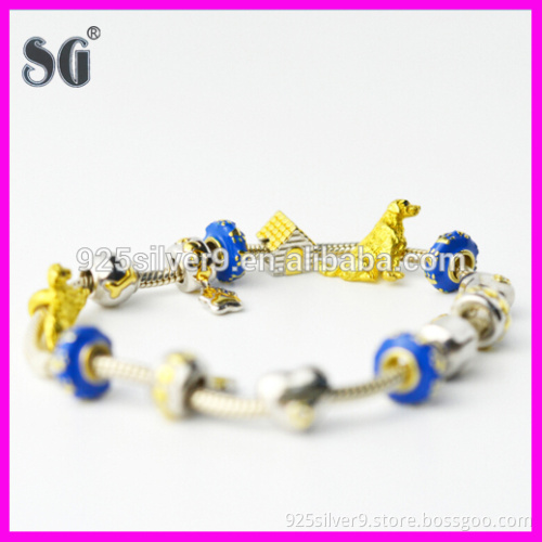 Russia Style Sterling 925 Silver Enamel & Rhodium Charm Bracelets With Gold Dog Animal